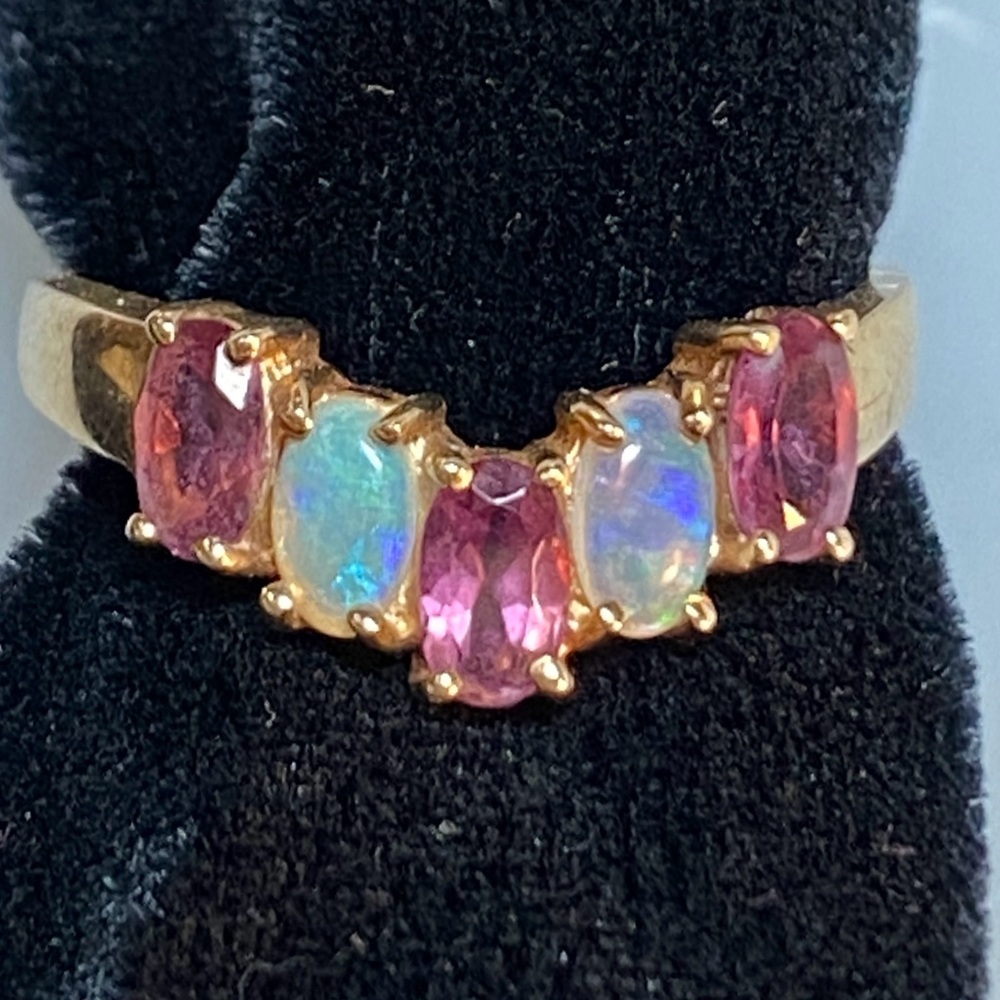 Vintage 10K Gold Opal + Amethyst 5-Stone Ring Sz 7 - Picture 8 of 11